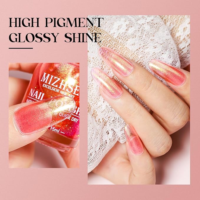 MIZHSE Nail Polish Air Dry Fast, Holographic Neon Orange Nail Polish Quick Dry, 15ml/0.5 fl oz Regular Shiny Shimmer Oil-based Glitter Nail Lacquer Non Gel Full Coverage Nail Art Manicure Home