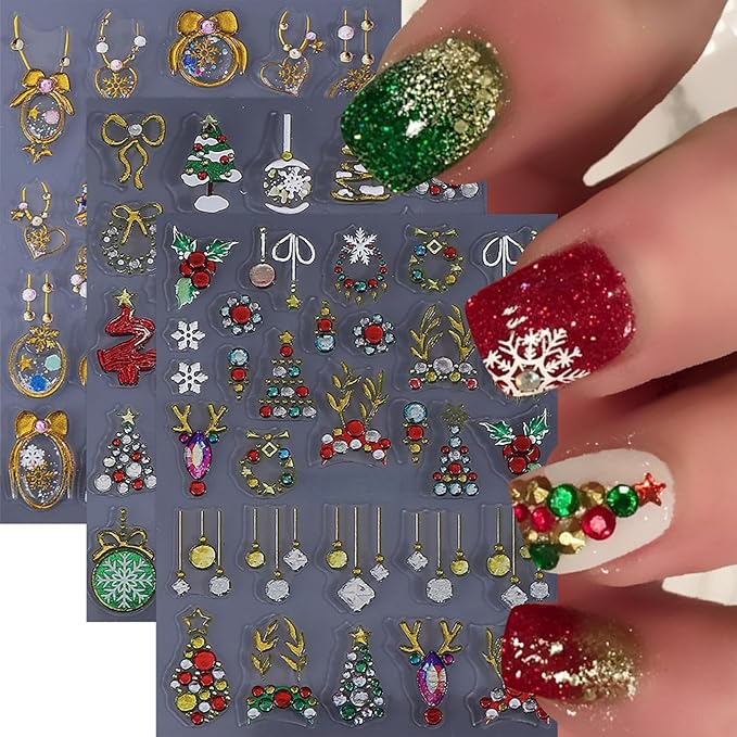 3 Pcs Christmas Nail Art Stickers 5D Embossed Bow Snowball Nail Stickers Xmas Tree Elk Nail Decals Red Gold Bow Snowflake Nails Supplies Winter Holiday Nails Decor for DIY Christmas Party Nail Designs