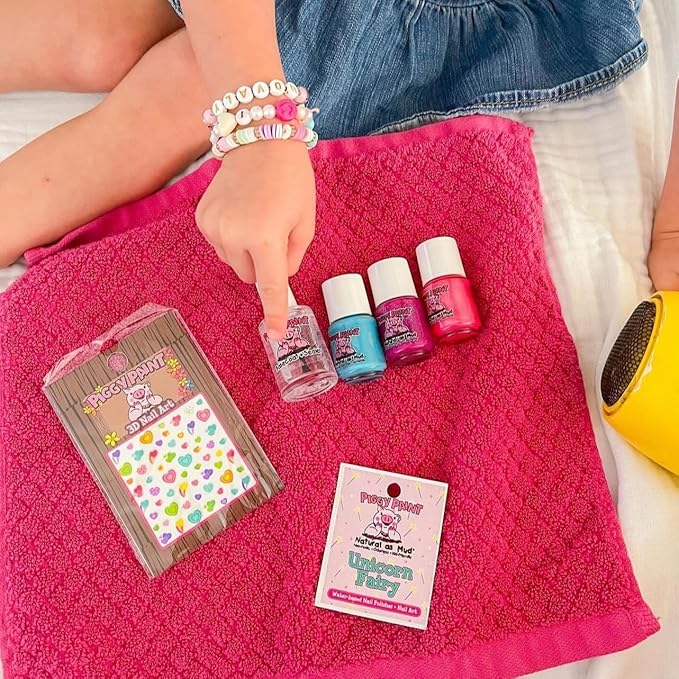 Piggy Paint | 100% Non-Toxic Girls Nail Polish | Safe, Cruelty-free, Vegan, & Low Odor for Kids | Unicorn Fairy (3 Polish + Nail Art Gift Set)
