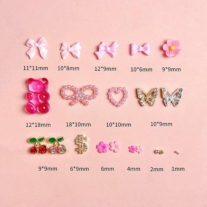 3D Pink Flower Nail Charms Y2K, Cute Resin Bear Star Heart Bow Nail Art, Gold Silver Butterfly Cherry Charms Nail Design for Women Nail Art Accessories Manicure DIY Crafts