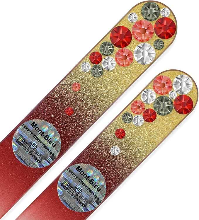 Nail File - Mont Bleu Set of 2 Glass Nail Files Hand Decorated with Crystals - Handmade Birthday Gifts for Women - Czech Tempered Glass - Glass Fingernail Files - for Natural Nails