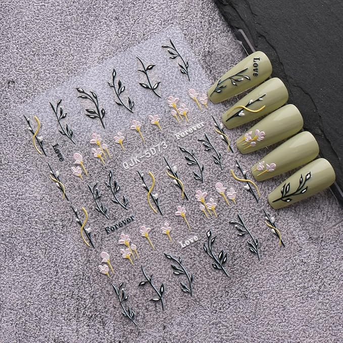 JMEOWIO 6 Sheets 3D Embossed Spring Flower Nail Art Stickers Decals Self-Adhesive Pegatinas Uñas 5D Colorful Summer Leaf Floral Nail Supplies Nail Art Design Decoration Accessories