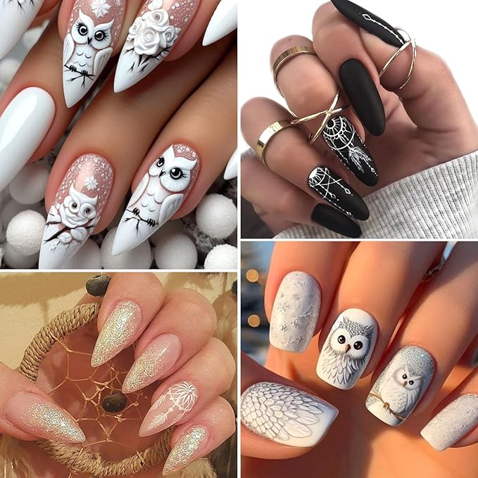 2Sheets Cute Owl Nail Art Stickers 5D Embossed Feather Dreamcatcher Designs Nail Decals Self-Adhesive White Owl Rose Flower Nail Sticker Autumn Winter Nails Supplies for Women DIY Manicure Decor