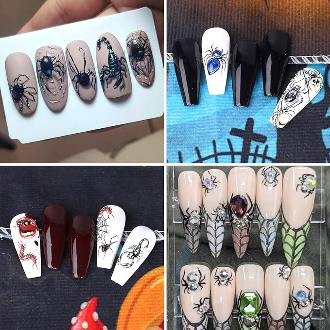 2Sheets Black Spider Nail Art Stickers 5D Embossed Spider Nail Decals with Gems Charms Designs Nail Stickers Self-Adhesive Centipede Spider Web Nail Decal for Women DIY Halloween Nails Decor Accessory