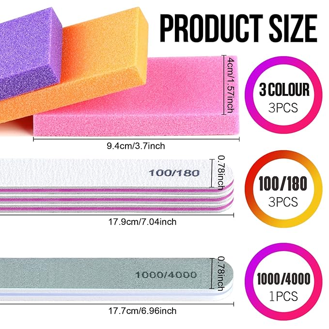 FANDAMEI Nail Buffers and Files - Professional Nail Care Kit with Rectangular Buffer Blocks, 100/180 & 1000/4000 Grit Files