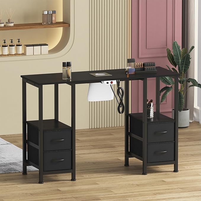 Manicure Table for Nail Tech, Nail Tech Table Station w/4 Storage Drawers & 2 Open Shelves, Nail Table w/Dust Collector for Beauty Salon Tech Station (Black PU)