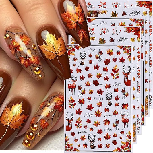 Fall Nail Stickers for Nail Art Maple Leaf Nail Decals 6PCS 3D Self-Adhesive Autumn Leaves Deer Pattern Design Stickers Decoration for Women DIY Holiday Party Nail Supplies Charms Accessories
