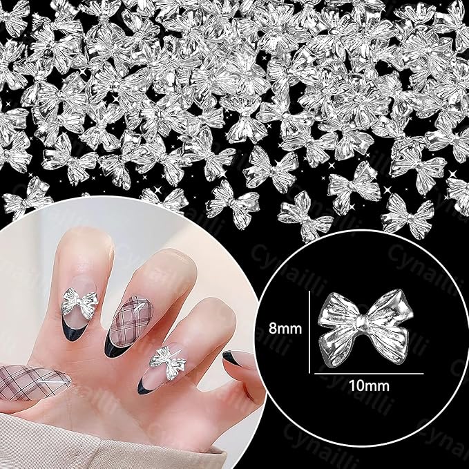 80 Pcs Silver Alloy Bow Nail Charms, 3D Metal Bowknot Nail Jewelry, Nail Art Design DIY Accessories