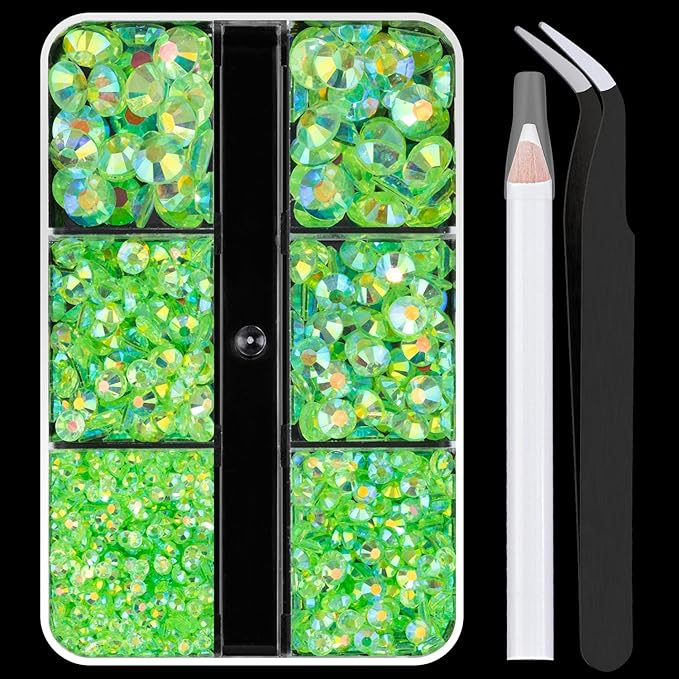 Resin Rhinestones Crafting, 2/3/4/5/6mm Flatback Jelly Rhinestones, 1 Box Transparent Grass Green AB Non Hotfix Crystal Gems for Bedazzling Crafts Mugs Tumblers Clothes Makeup Nail