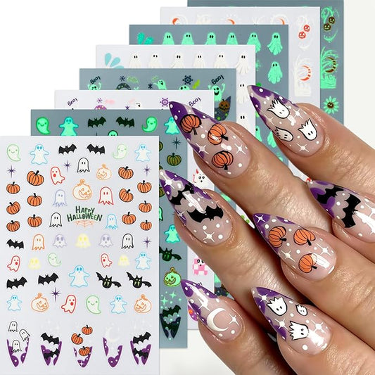 8Sheets Halloween Glow in The Dark Ghost Nail Stickers 3D Self-Adhesive Luminous Ghost Nail Art Decals Spider Web Pumpkin French Nails Design Bats Star Moon Nail Supplies Nail Decorations for Women