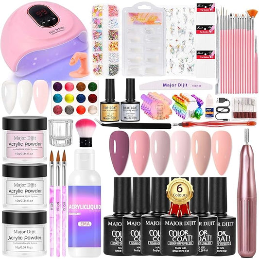 Major Dijit Acrylic Nail Kit with Drill - Starter Set with White Pink Clear Acrylic Powder, 6 Gel Polishes, UV LED Lamp, Nail Decorations and Tools for Home Manicure