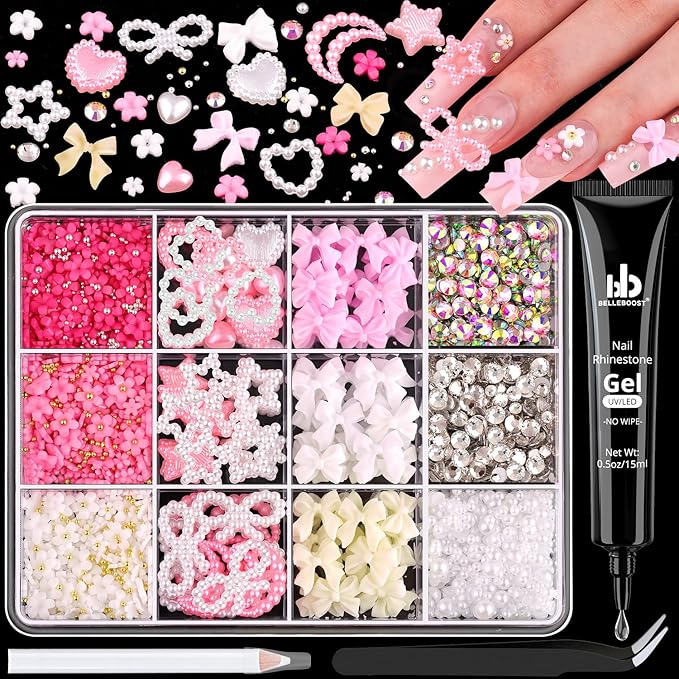 Chunky Nail Charms and Gems Set 4 with Rhinestone Glue, Girly Coquette Nail Charms + Assorted Pearl Bows Heart Star Moon + Cute 3D Flowers for Nails + Flatback Crystals & Pearls for Kawaii Nail Design