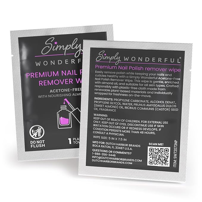 Simply Wonderful Nail Polish Remover Wipes, Acetone-Free, Enriched with Nourishing Almond Oil, Plant-Based Nail Polish Remover Pads, Lint-Free, 20 Individually Wrapped Nail Polish Wipes