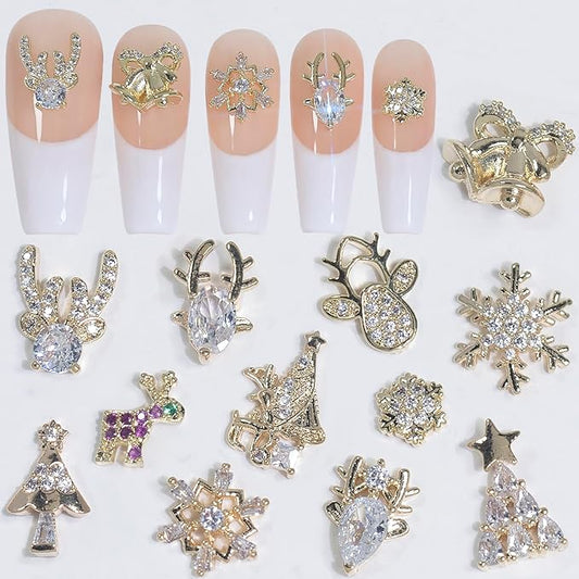 HNUIX 3D Nail Charms - Multi Shape, Zircon, Jewelry, Christmas, Gems Rhinestones, Gold Metal Base, for Nail Art