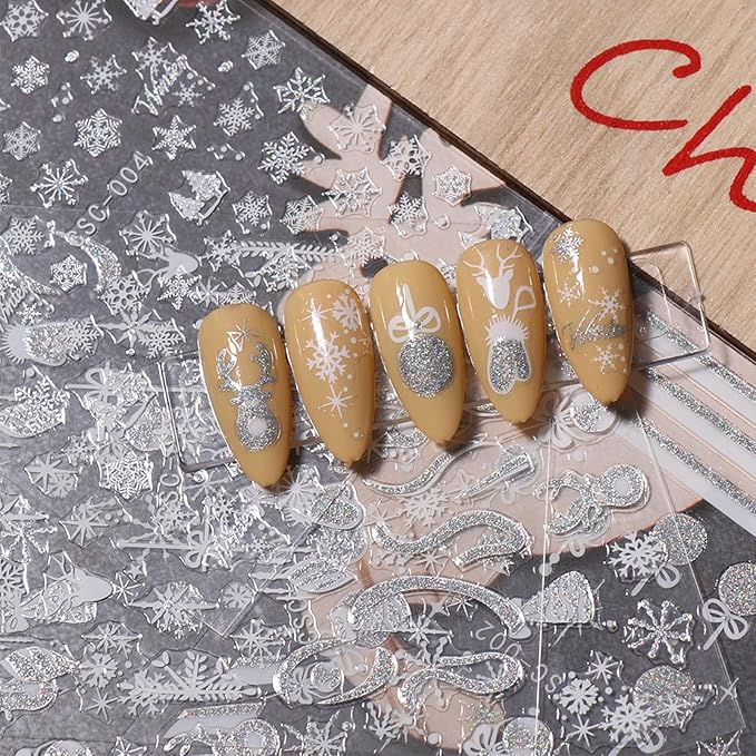JMEOWIO 8 Sheets Christmas Glitter Nail Art Stickers Decals Self-Adhesive Snowflake Winter Holiday Cute Silver White Nail Supplies Nail Art Design Decoration Accessories
