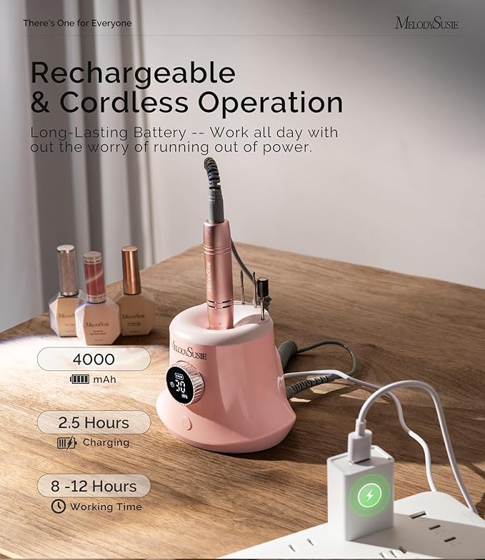 MelodySusie Rechargeable Desktop Nail Drill,Professional 30000RPM Electric Nail File for Acrylic & Gel Nails Removal,SC320G Cordless E-File Machine with LED Display for Manicure Salon & Home,Pink