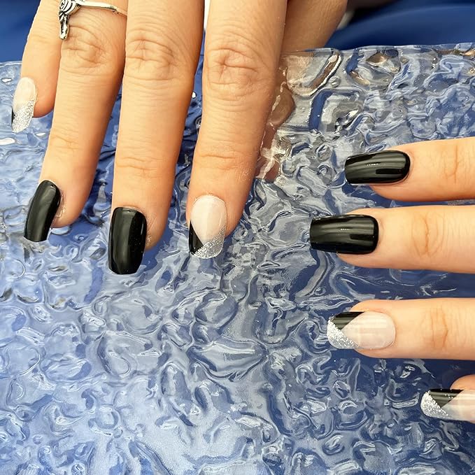 MOMSON Semi Cured Gel Nail Strips - 20 Real Gel Nail Polish Stickers/Full Nail Wraps for DIY at Home, Salon-Quality, Easy to Apply & Remove (Silver Glitter, White & Black)