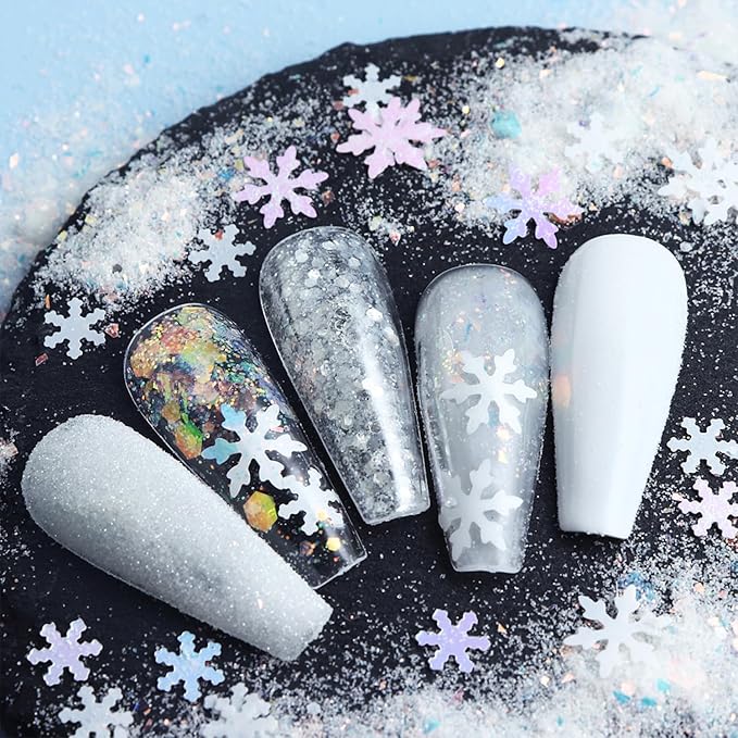 6 Boxes Christmas Nail Art Glitter Sequins Winter White Snowflake Flakes 3D Holographic Xmas Supplies for Acrylic Nails Decorations Accessories for Women