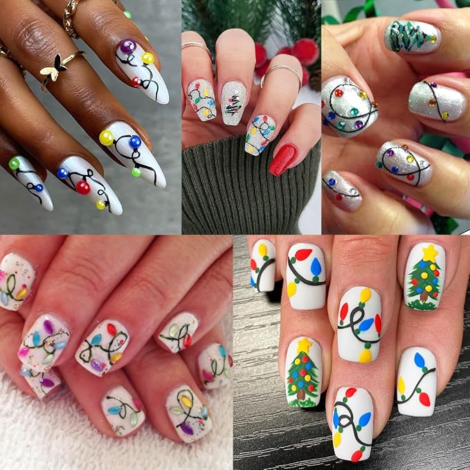2 Sheets Christmas Nail Stickers for Nail Art Embossed New Year Light Strip Nail Art Stickers 5D Self-Adhesive Xmas Gift Nail Design Supplies Winter Christmas Tree Nail Decals for Women Holiday Decor
