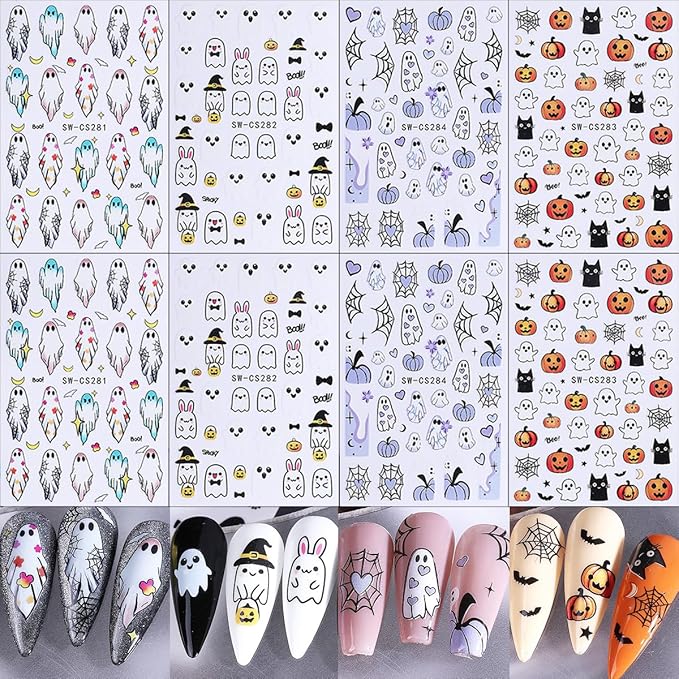 8 Sheets Halloween Nail Art Stickers Decals Cute Ghost Pumpkin Black Cat Bat Spider Web Design Nail Stickers Supply 3D Self-Adhesive Nail Decals for Halloween Party Nails Decoration DIY Manicure Tips