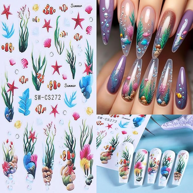 6 Sheets Ocean Plant Nail Art Stickers 3D Self -Adhesive Colorful Seaweed Shell Nail Decals Holographic Cute Fish Starfish Bubbles Nail Stickers Summer Nail Decoration for Women Manicure Supplies