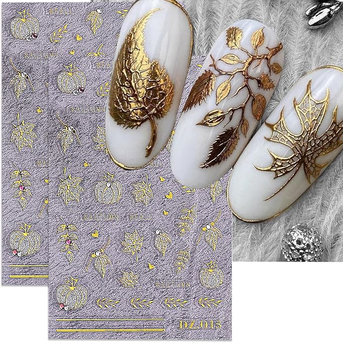 Fall Nail Art Stickers Autumn Pumpkin Maple Leaf Crystal Nail Decals 3PCS Gold Fall Leaf Pumpkin Heart Nail Design Adhesive Stickers Nail Art Supplies for Thanksgiving Day DIY Nail Decoration