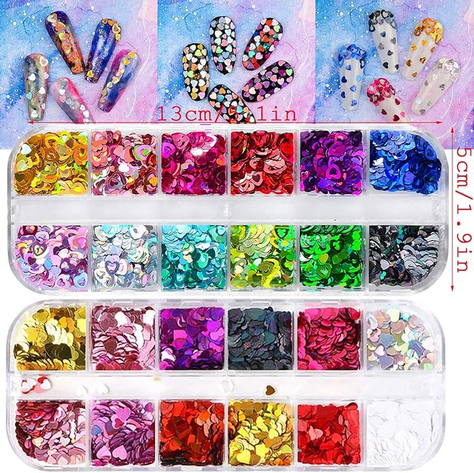 Heart Nail Art Glitter Sequins, 3D Love Heart Nail Flakes Design, Holographic Laser Big Small Hearts Nail Art Supplies for Women Girls Manicure Sparkle Decorations, DIY Body Makeup Kit(2 Boxes)