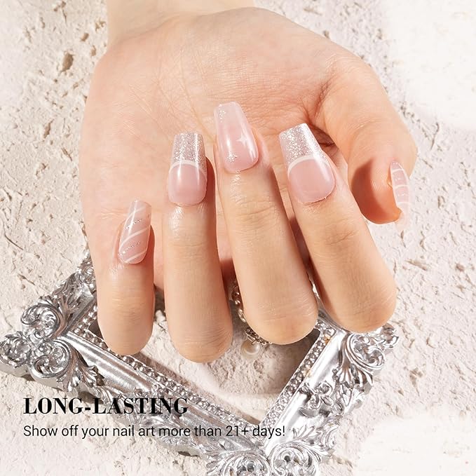 MelodySusie Semi Cured Gel Nail Strips (Glitter French Tips), Works with Nail Lamp, Salon Quality, Long Lasting, Easy to Apply and Remove, Includes 20Pcs, 2 Prep Pads, Nail File and Wooden Stick