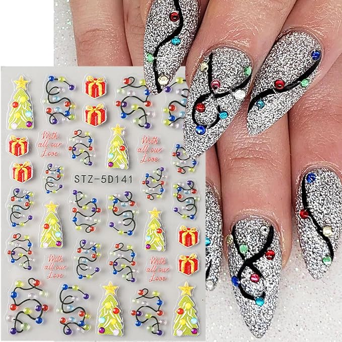 2 Sheets Christmas Nail Stickers for Nail Art Embossed New Year Light Strip Nail Art Stickers 5D Self-Adhesive Xmas Gift Nail Design Supplies Winter Christmas Tree Nail Decals for Women Holiday Decor
