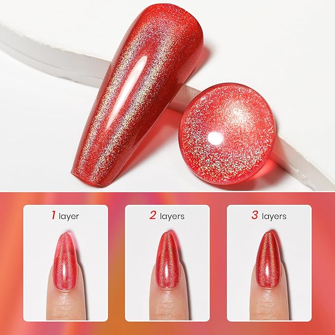MIZHSE Holographic Nail Polish, Red Glitter Nail Polish Air Dry Fast, 15 ml 0.5 fl oz High Glossy Shiny Nail Pigment Oil-based Laser Iridescent Chrome Halo Nail Art Salon Manicure Home
