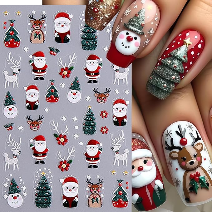 4 Pcs Christmas Nail Art Stickers 5D Micro Embossed Self-Adhesive Snowman Gingerbread Man Snowflake Bow Holly Leaf Nail Decals Xmas Tree Santa Claus Nail Supplies for Women Winter Holiday DIY Manicure