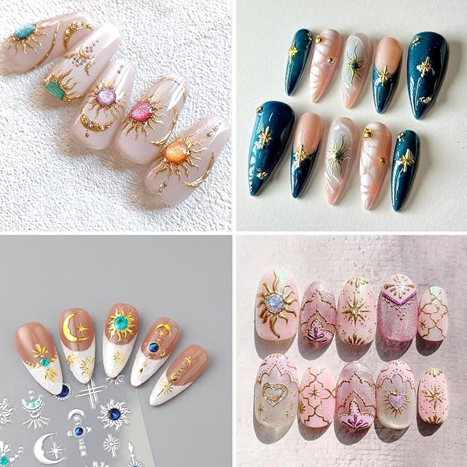 2Sheets Gold Silver Star Moon Nail Art Stickers 3D Gold Silver Sun Nail Decals with Blue Green Rhinestone Designs Nail Stickers for Acrylic Nails Self-Adhesive Gem Sun Nail Decal for Women Nails Decor