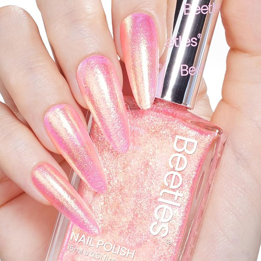 Beetles Pink Nail Polish - 15ML Quick Dry Nail Polish Glitter Gold Pink Nail Lacquer Shimmer Fingernail Polish Art Effect for Nail Salon-Quality