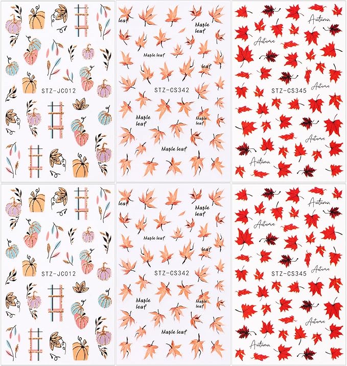 6 Sheets Fall Nail Stickers for Nail Art Orange Red Maple Leaves Nail Art Stickers Glitter Thanksgiving Pumpkin Nail Decals 3D Self-Adhesive Autumn Maple Leaf Nail Decoration for Women