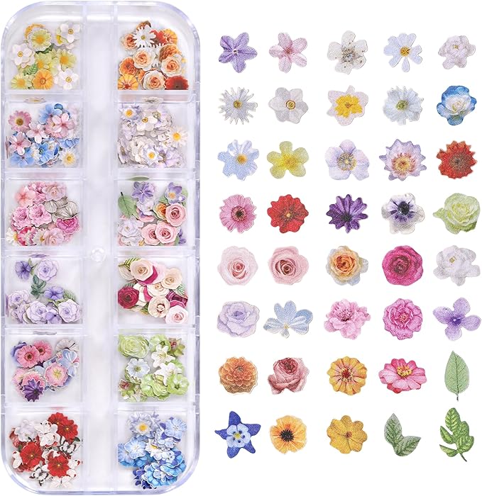 300Pcs 3D Flower Nail Art Charms Sequins Decals Colorful Mixed Flowers Leaves Design Slice Nail Flowers Ultra Wood Pulp Flakes Sequins 4