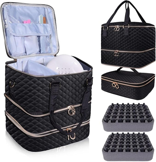 Nail Polish Organizer Case,3 Layers Nail Organizers and Storage With Detachable Holds 84 Bottles Nail Polish & Nail Lamp Large Nail Polish Organizer Bag ,for Manicure Tools, Nail Polish Kit (Black)