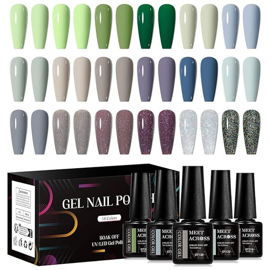 MEET ACROSS 18pcs Gel Nail Polish Set Soak Off UV LED Lamp Gel Nail Polish Kit (SET-7, 18pcs)