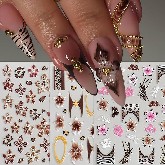 6 Pcs Fall Winter Flower Nail Art Stickers Decals Leopard Print French Flowers Nail Decals 5D Embossed Golden Circle Hibiscus Nails Designs Vacation Fall Brown Leopard Flower Nail Supplies for Women