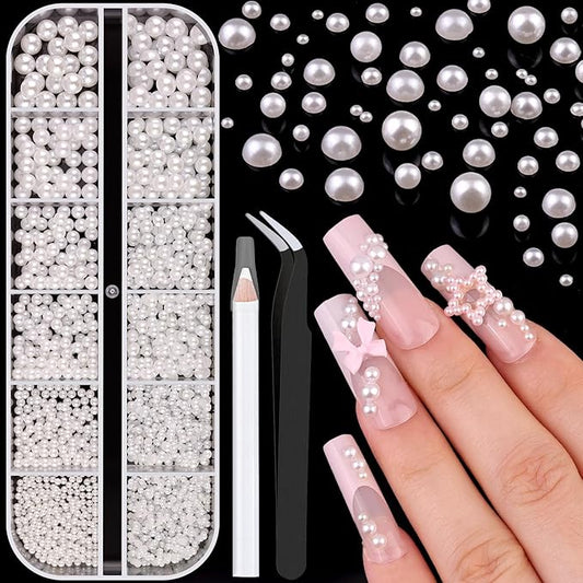 1 Box Nail Pearls Kit for Nail Art, White Pearl Nail Charms for Nails Design (Flatback+Round), Nail Charms and Gems for Acrylic Tips Manicure Decor with Pickup Pencil and Tweezers