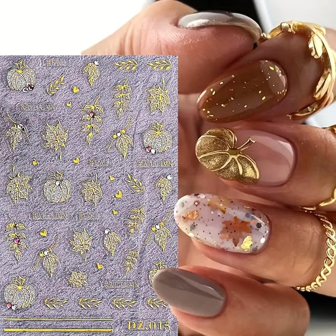 3PCS Fall Nail Art Stickers 5D Embossed Maple Leaf Nail Decals Gold Pumpkins Maple Leaves Glitters Nail Design Stickers Shiny Rhinestones Adhesive Sliders Thanksgiving Day Nail Supplies for Women