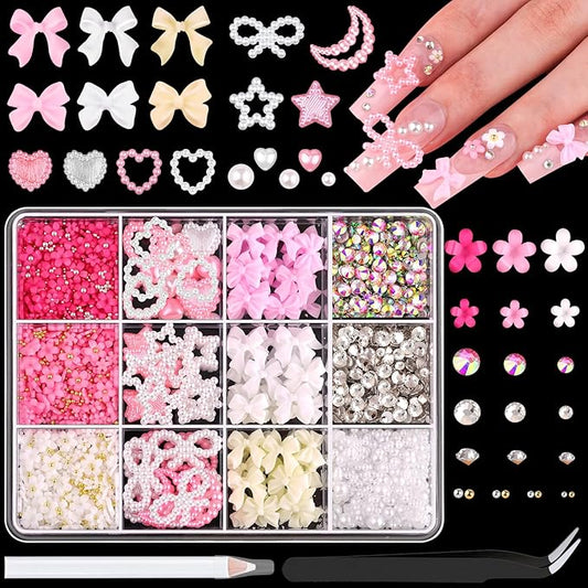 Chunky Nail Charms and Gems Set 3, Girly Coquette Nail Charms + Assorted Pearl Bows Heart Star Moon + Cute 3D Flowers for Nails + Flatback Rhinestones & Pearls with Tools for Kawaii Nail Design