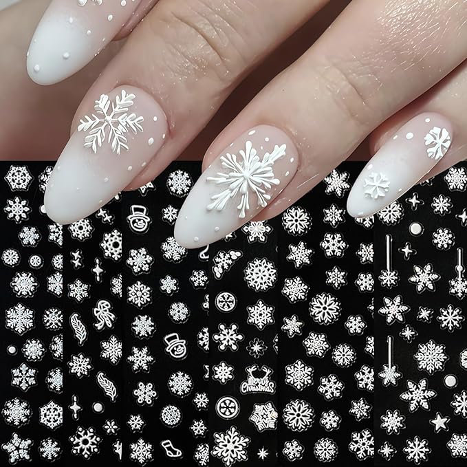 6 Sheets Snowflake Nail Stickers 5D Embossed Christmas Snow Nail Art Stickers Self Adhesive Winter Snowflake Nail Decals Snowmen Star Christmas Nails Decoration Supplies for Women Holiday Manicure
