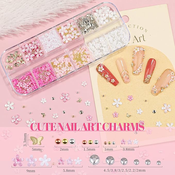 3 Boxes 3D Flower Nail Charms and Gems - Colorful Nail Flower & Metal Butterfly Charms Clear Rhinestones Gemstones Silver/Gold Caviar Beads White Pearls with Nail Chain for DIY Nails (14-S3-Mixed3)
