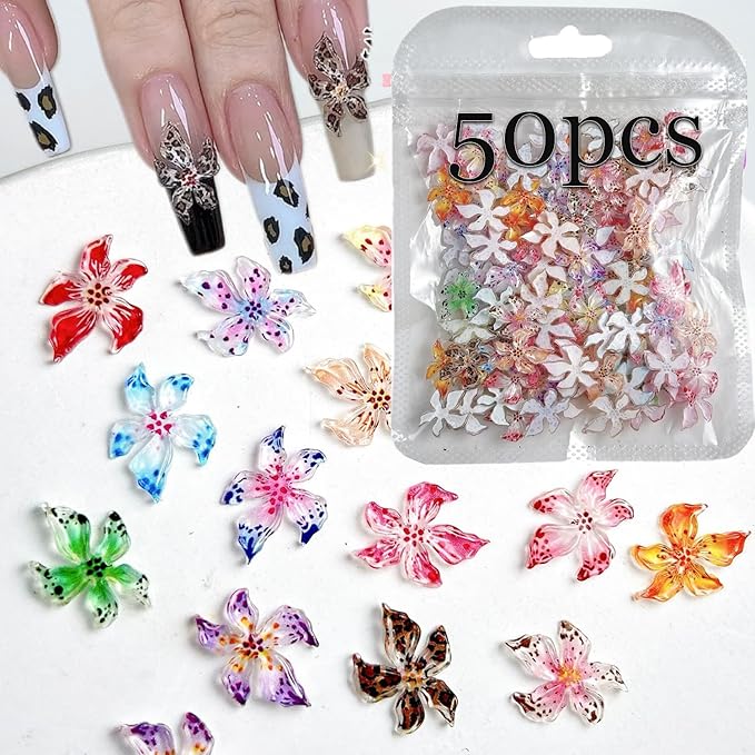 50Pcs 3D Flowers Nail Charm for Nails Flower Resin Nail Rhinestones Spring Hibiscus Floral Nail Art Charm for Acrylic Nails Mixed Colorful Ice Lily Nail Gems Jewelry DIY Summer Manicure Decor Crafts