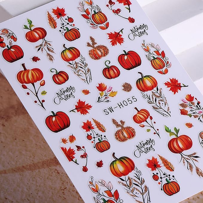 Fall Nail Art Stickers Decals 6Pcs Pumpkin Maple Leaves Nail Decals 3D Self-Adhesive Autumn Fallen Leaves Nail Stickers Cute Harvest Thanksgiving Day Manicure Sliders for Women Nails Art Decorations