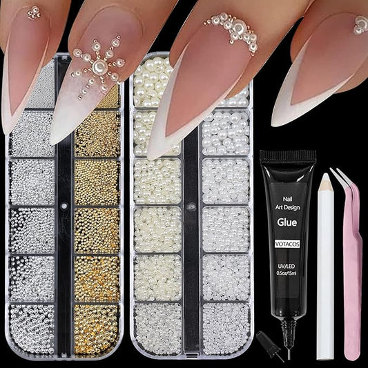 Nail Art Pearls with Nail Rhinestones Glue Gel Flatback Pearls Nail Charms Luxurious Nail Supplies Accessories Gold Silver Nail Gems Jewelry Pearls for Women Nail Design