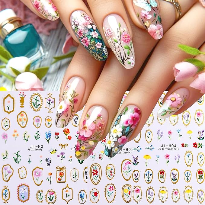 Colorful Flowers Nail Art Stickers 3D Self-Adhesive Cute Flower Nail Decals with Gold Edge Designs Nail Stickers Photo Frame Floral Leaf Nail decal Butterfly Bee Nail Sticker for Women DIY Nails Decor