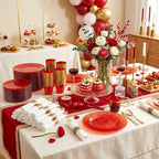Rubtlamp 700Pcs Red Gold Plastic Dinnerware Set, Hammered Red Gold Plates - Image 6