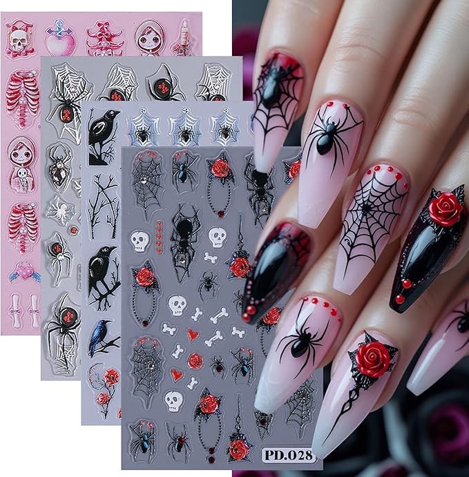 3D Horror Halloween Nail Art Stickers Decals Scary Skeleton Crow Spider Skull Nail Stickers with Spider Web Design Self-Adhesive Red Blue Rose Nail Decals for Women DIY Manicure 4 Sheets