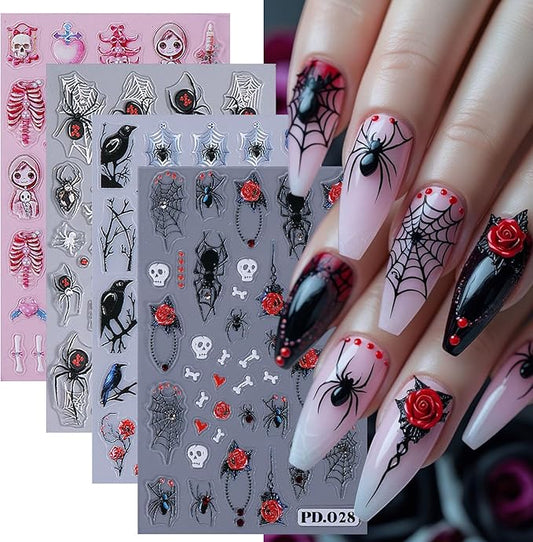 3D Horror Halloween Nail Art Stickers Decals Scary Skeleton Crow Spider Skull Nail Stickers with Spider Web Design Self-Adhesive Red Blue Rose Nail Decals for Women DIY Manicure 4 Sheets